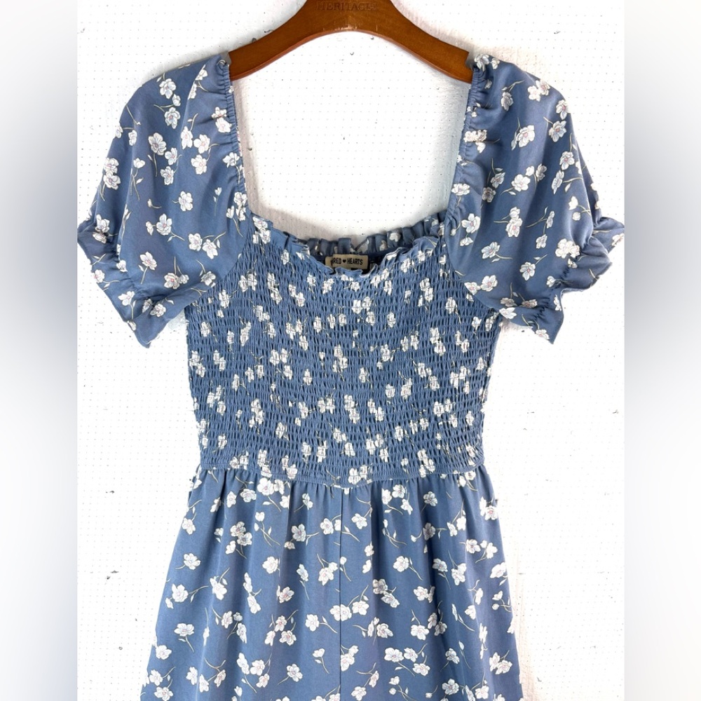 Inspired Hearts L Feminine Boho Smocked Gray Blue Ditsy Floral Jumpsuit - Picture 3 of 8